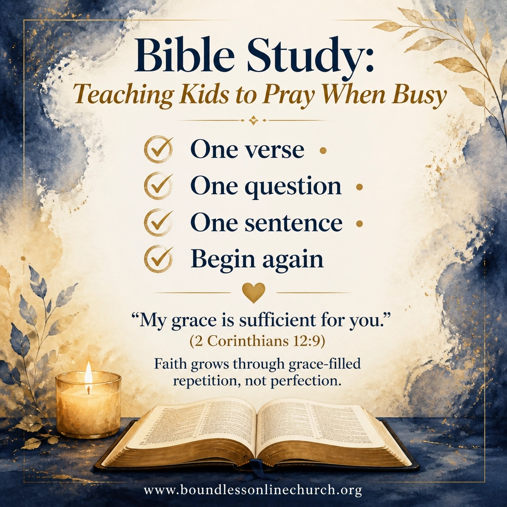 A square watercolor checklist graphic showing one verse, one question, one sentence, and begin again beside an open Bible