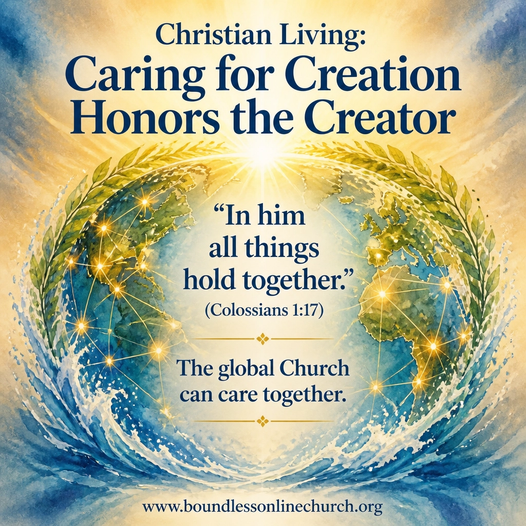 A luminous globe formed by water, leaves, and sunrise, symbolizing the worldwide body of Christ caring together