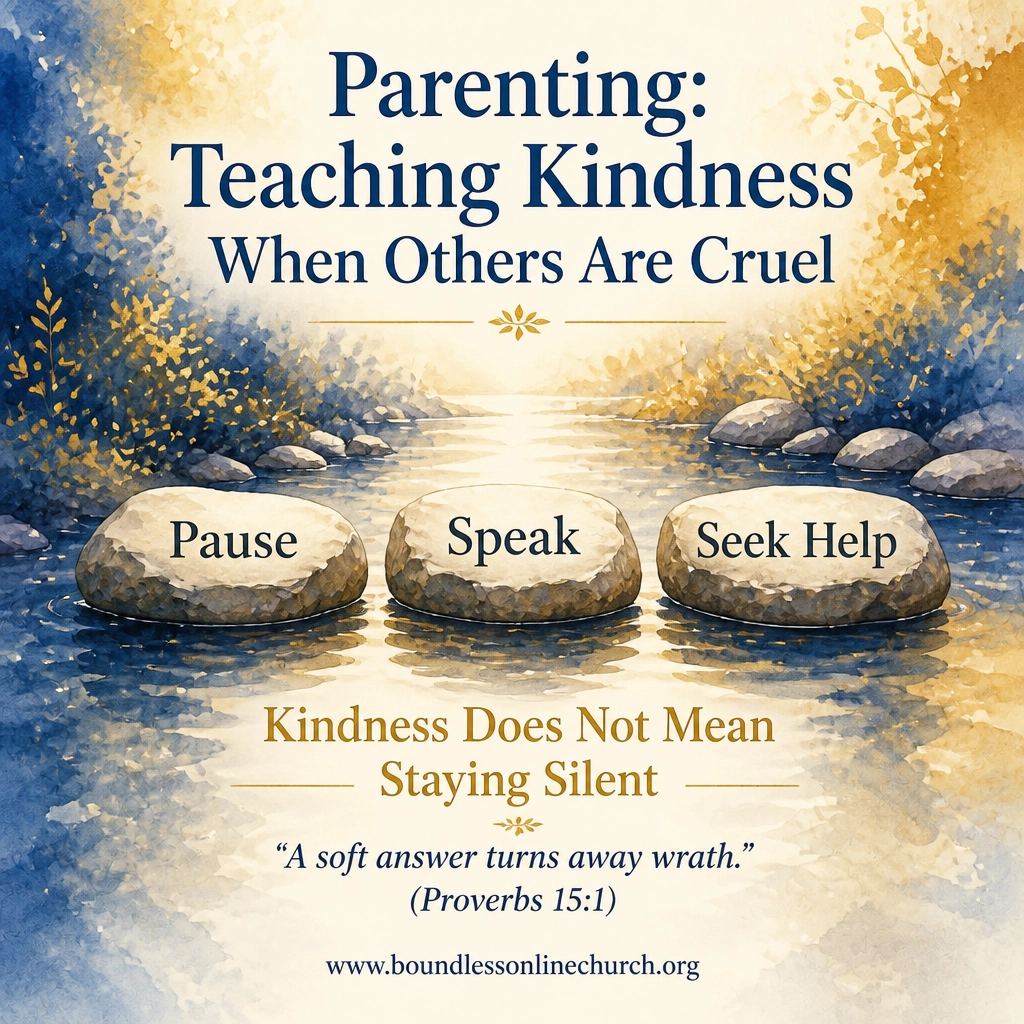 Watercolor stepping stones labeled Pause, Speak, and Seek Help, representing wise responses to cruelty