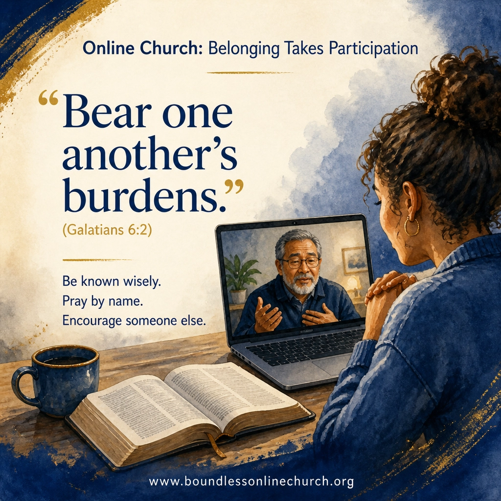 Young adult and mentor praying together online with Scripture and mutual care